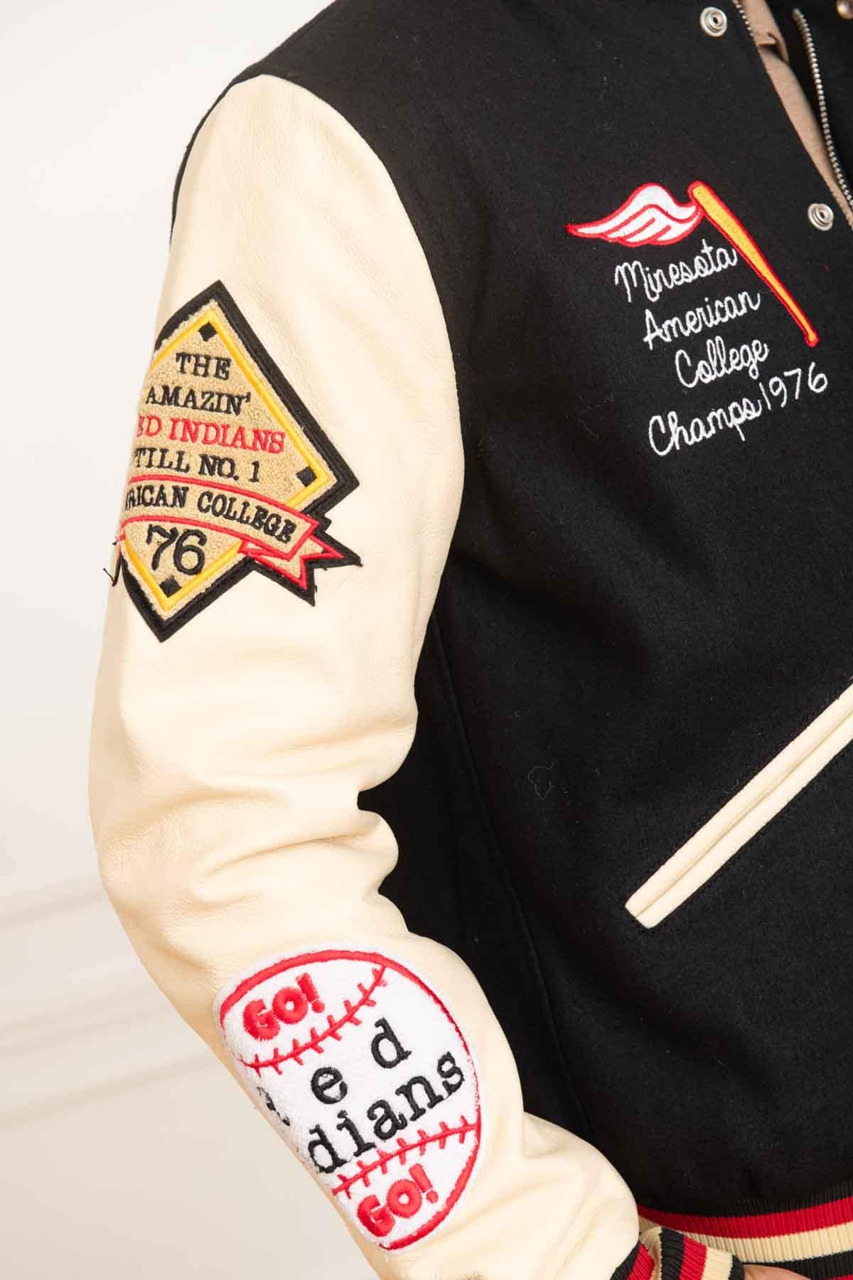 Black wool and beige leather varsity jacket for a sporty look. - Image n°7