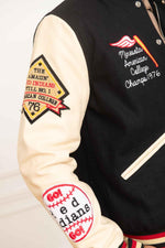 Black wool and beige leather varsity jacket for a sporty look. - Image n°7