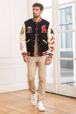 Black wool and beige leather varsity jacket for a sporty look. - Image n°2