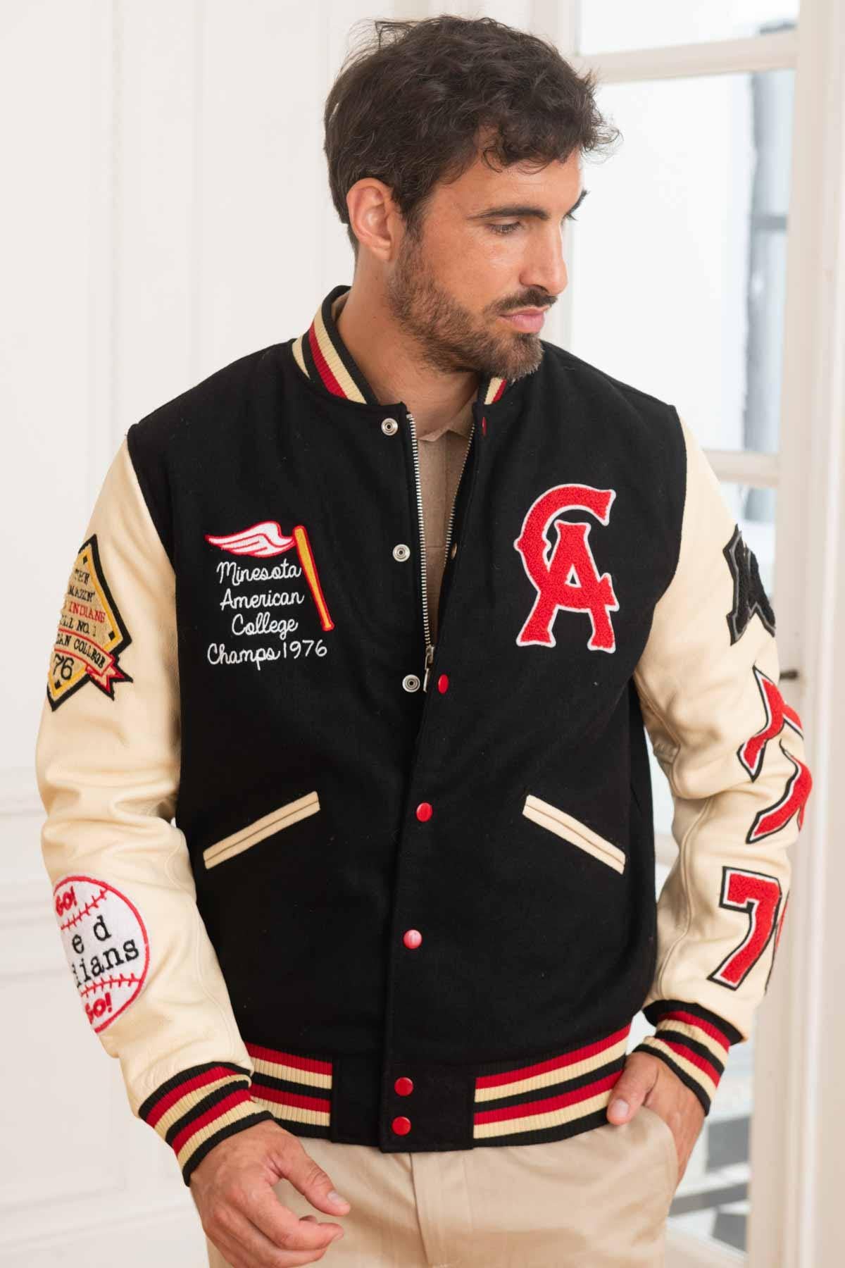 Black wool and beige leather varsity jacket for a sporty look. - Image n°4