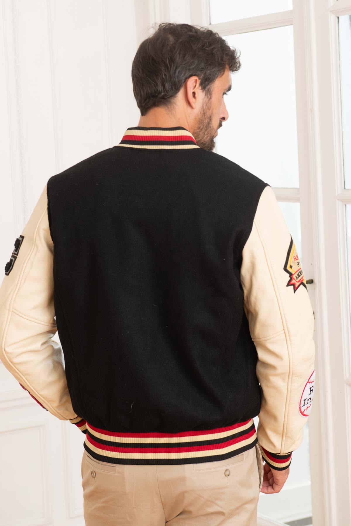 Black wool and beige leather varsity jacket for a sporty look. - Image n°6