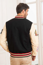 Black wool and beige leather varsity jacket for a sporty look. - Image n°6