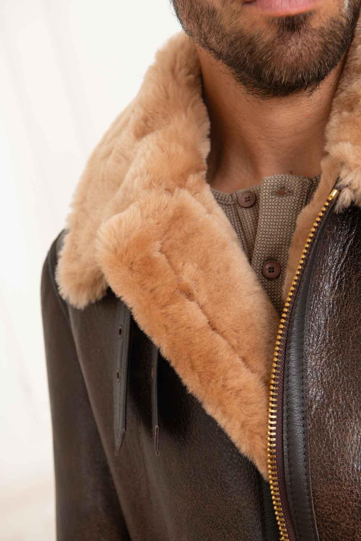 Schott's B-3 aviator in rich brown gold shearling, built for winter. - Image n°4