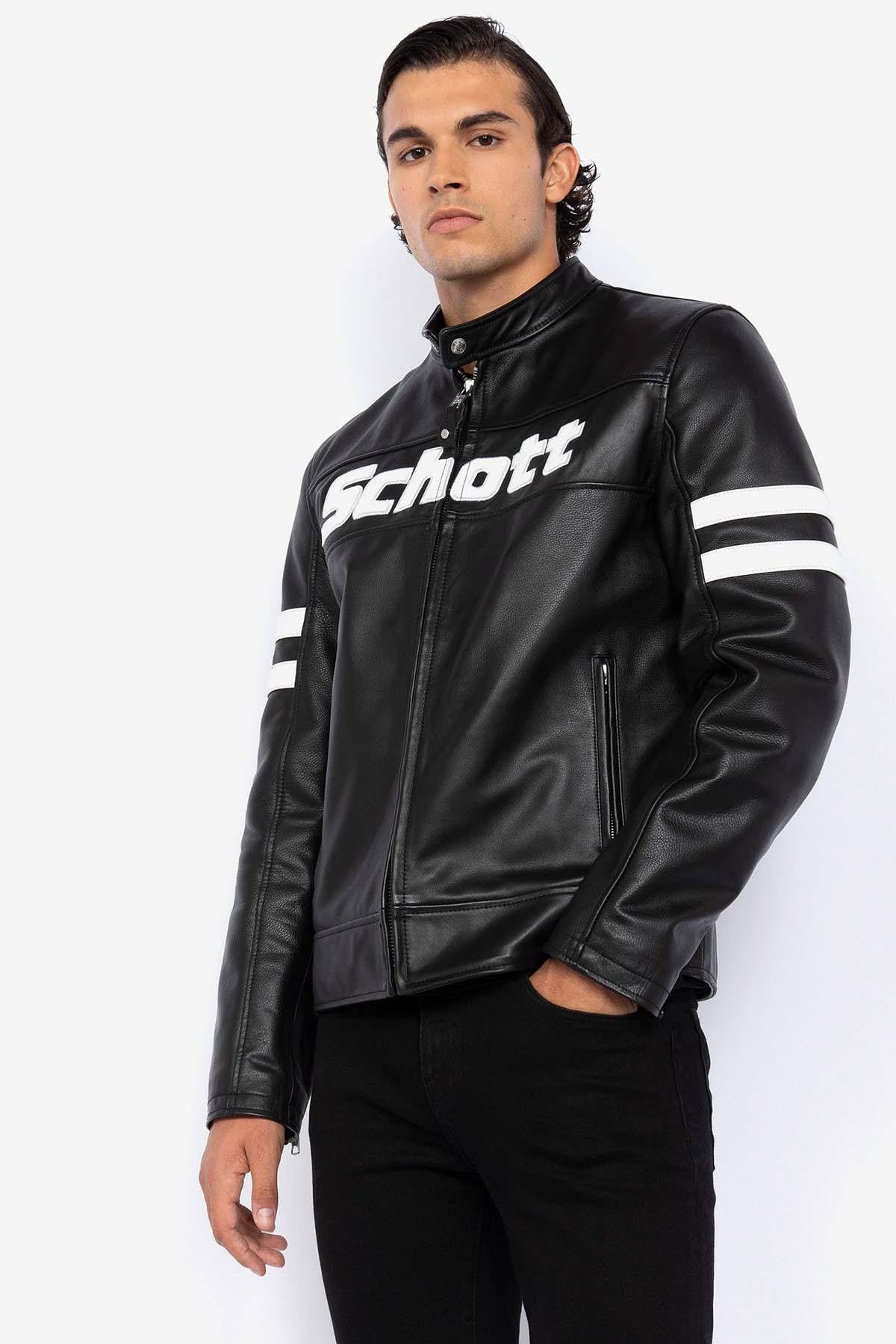 Black cowhide jacket by Schott-timeless moto design for daily wear. - Image n°1