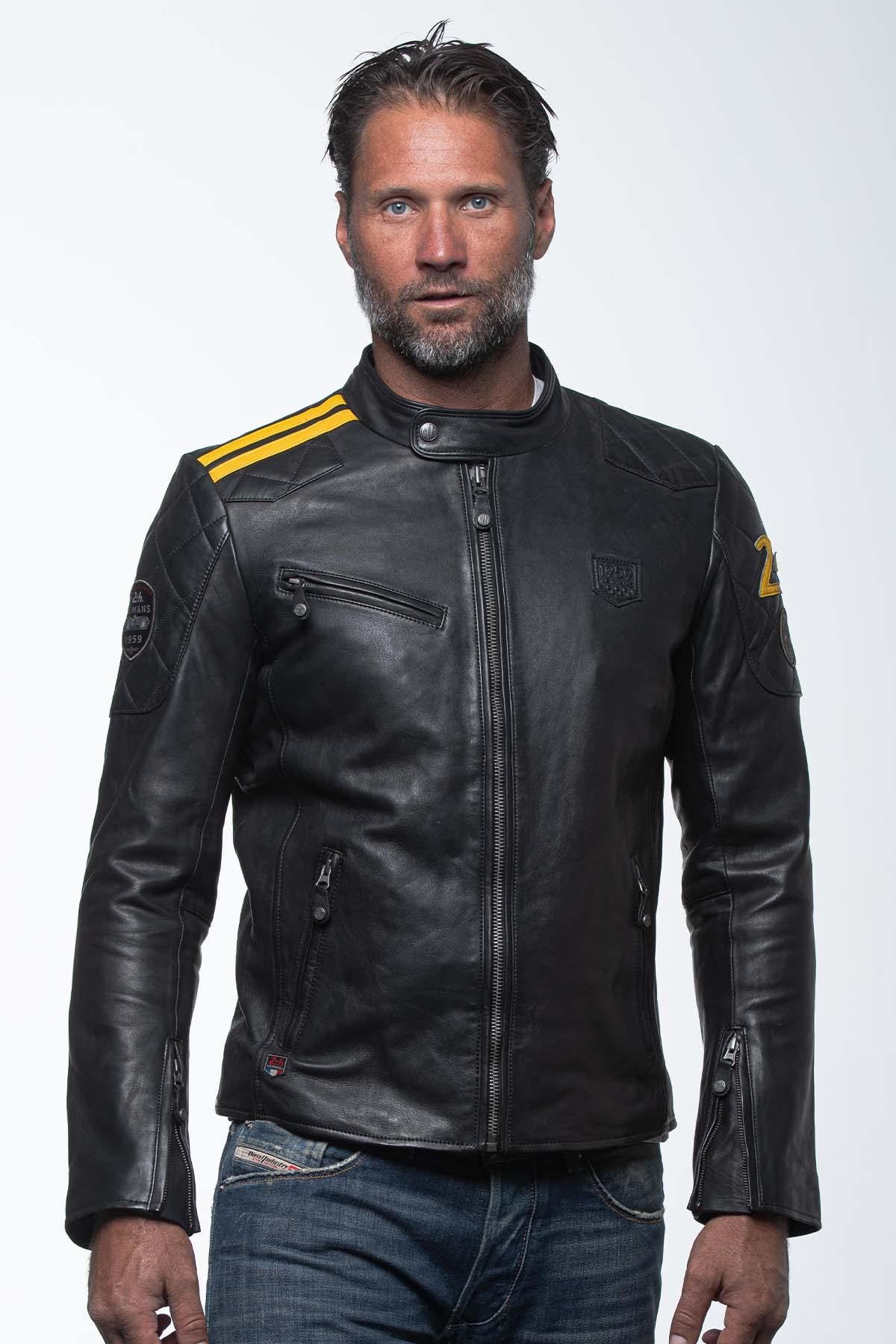 Men's black and yellow leather jacket with biker collar - Image n°6