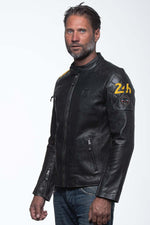 Sheepskin leather jacket in black, bold yellow accents, 24h du Mans. - Image n°2