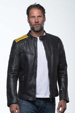 Sheepskin leather jacket in black, bold yellow accents, 24h du Mans. - Image n°4