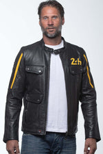Sheep leather jacket in black/banana yellow with biker collar. - Image n°1