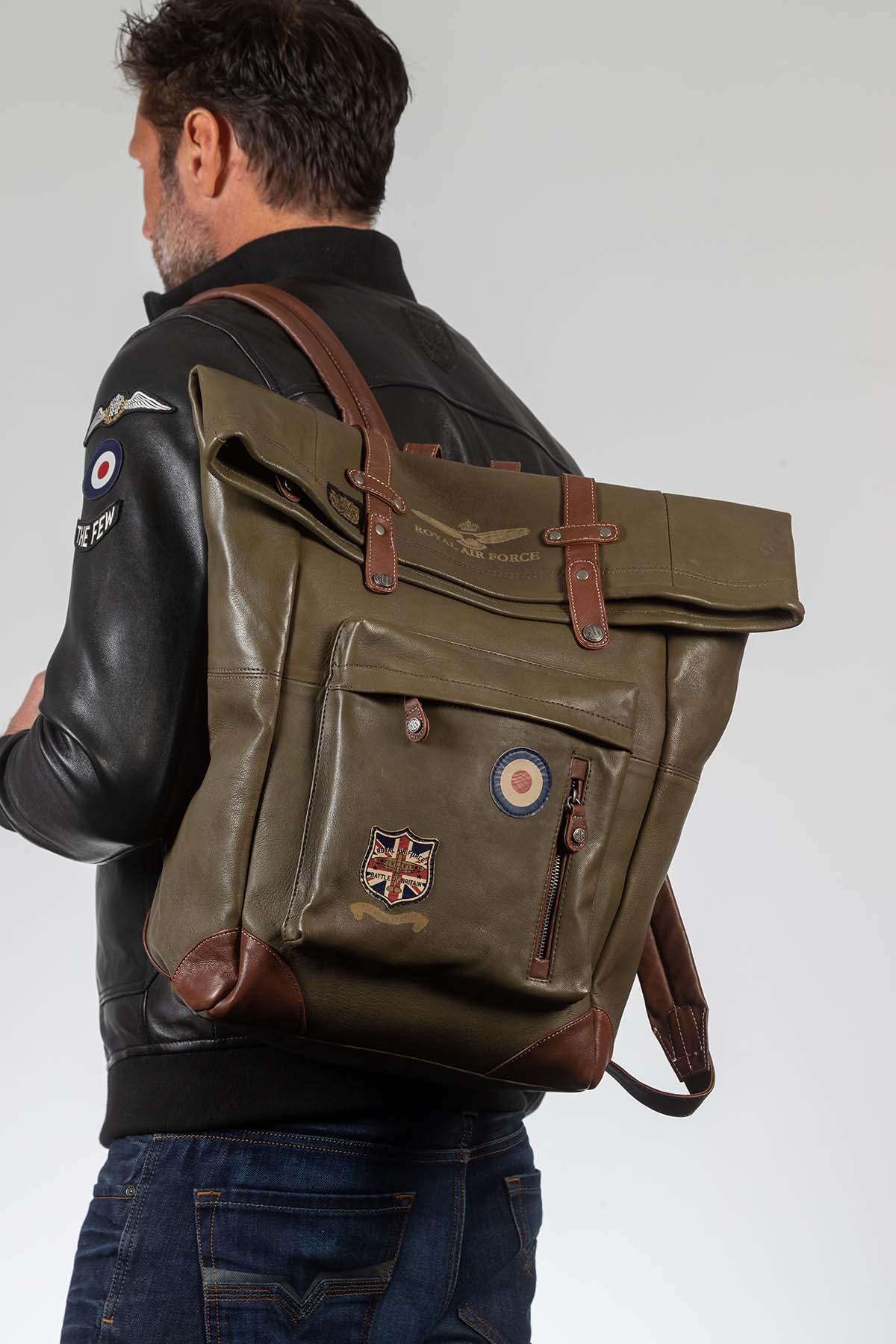 Dark khaki leather aviator backpack - Image n°1