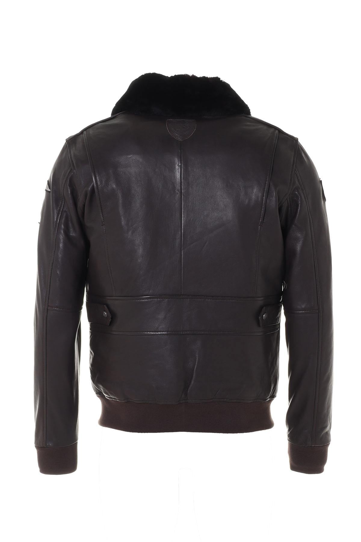 Dark brown sheepskin aviator jacket with RAF insignias and fur collar. - Image n°13