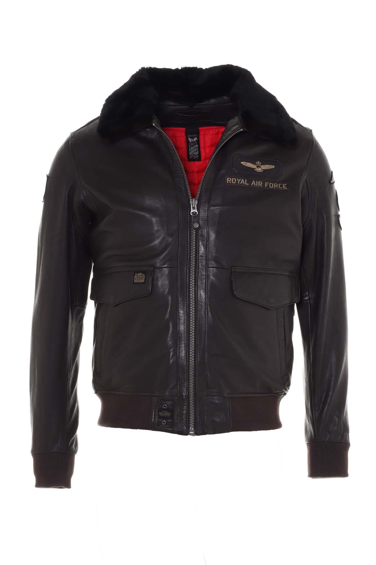 Dark brown sheepskin aviator jacket with RAF insignias and fur collar. - Image n°12