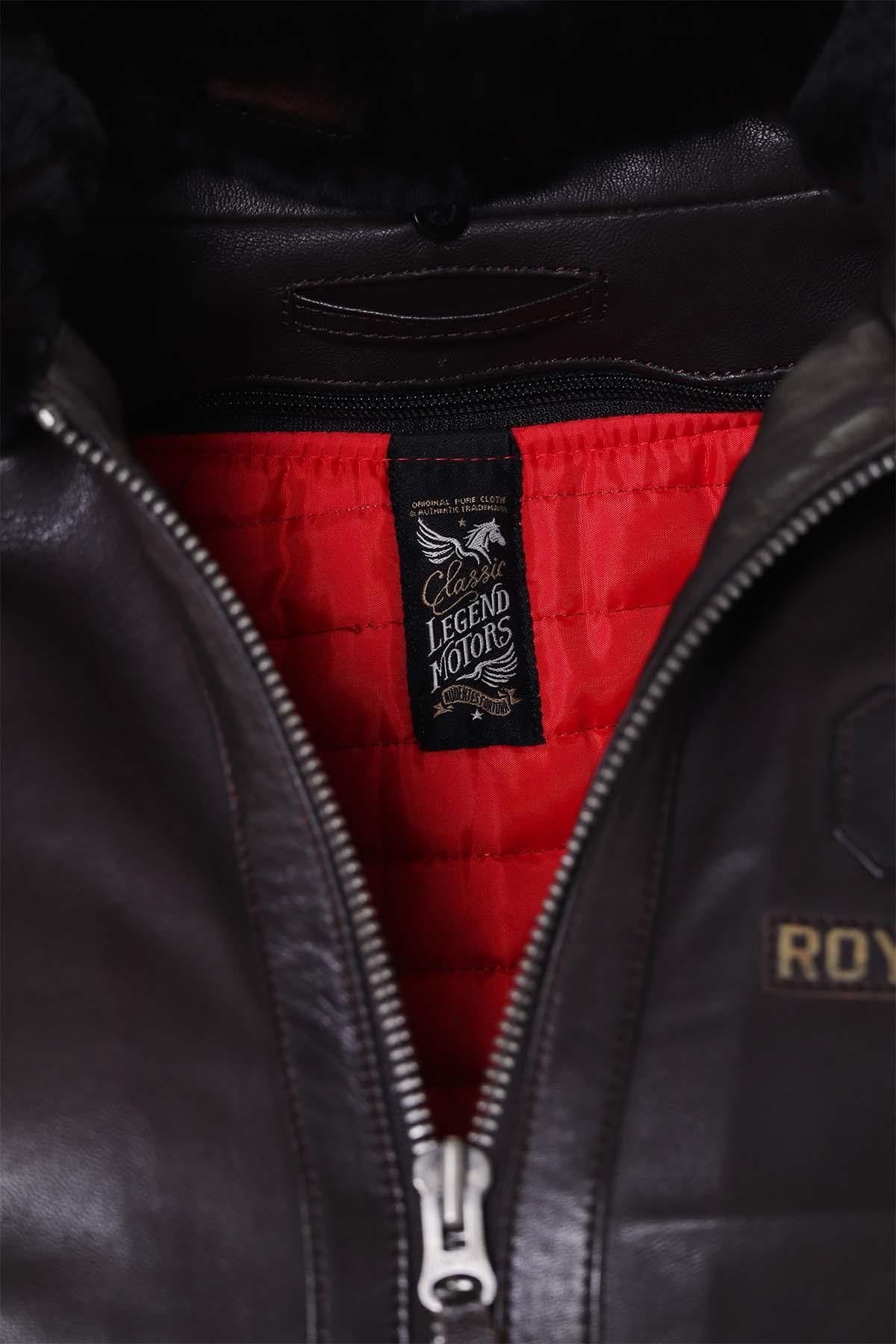 Dark brown sheepskin aviator jacket with RAF insignias and fur collar. - Image n°11