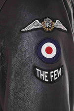 Dark brown sheepskin aviator jacket with RAF insignias and fur collar. - Image n°10