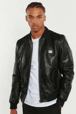 Black round neck leather jacket for men - Image n°1