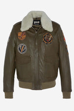 Khaki leather bomber jacket with patches - Image n°1