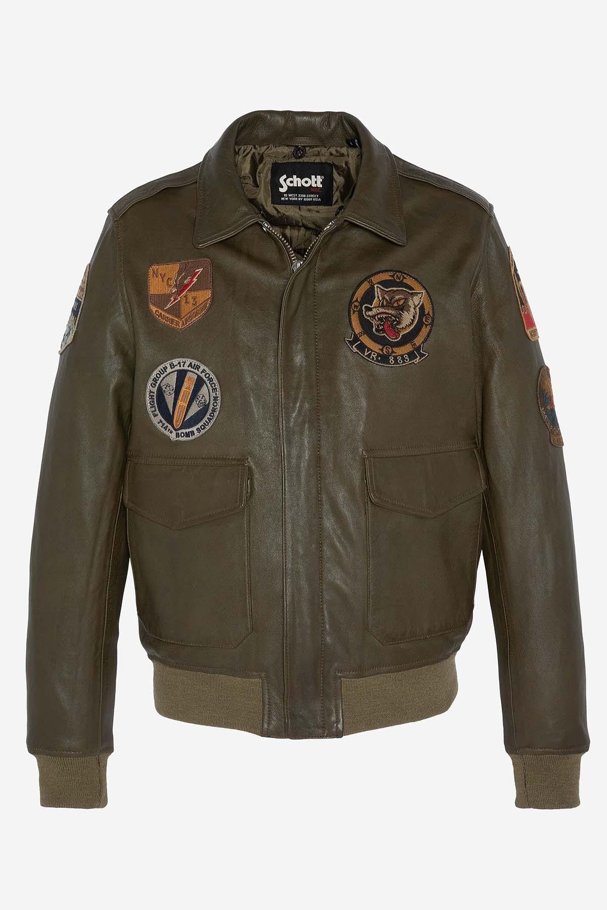 Khaki leather bomber jacket with patches - Image n°5