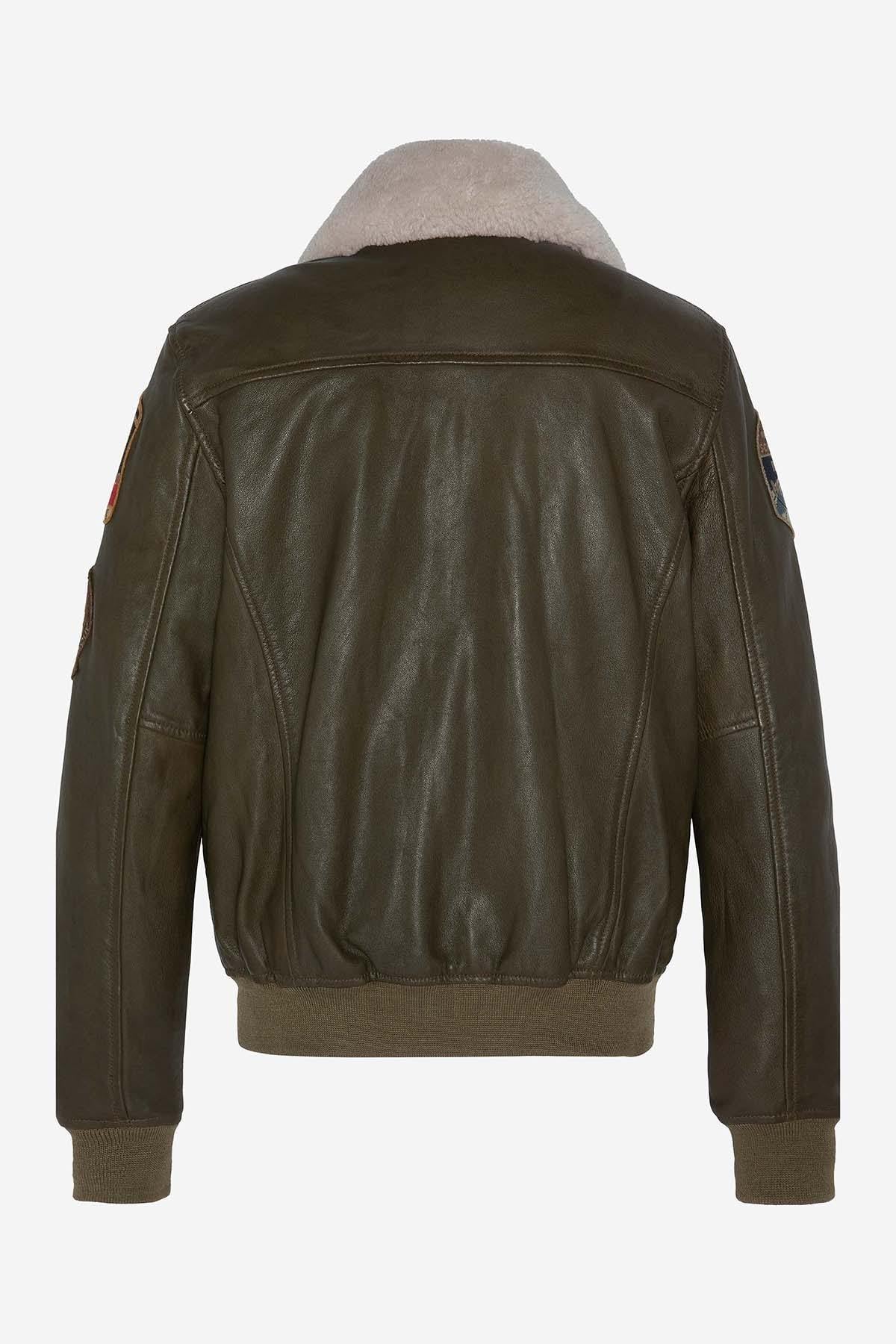 Khaki leather bomber jacket with patches - Image n°2