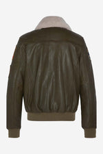 Khaki leather bomber jacket with patches - Image n°2