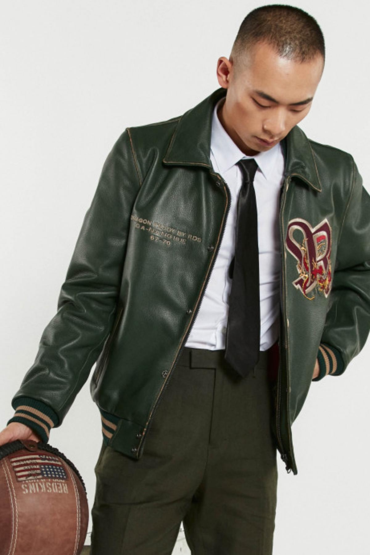 Forest green cowhide teddy with dragon embroidery and oversized fit. - Image n°3