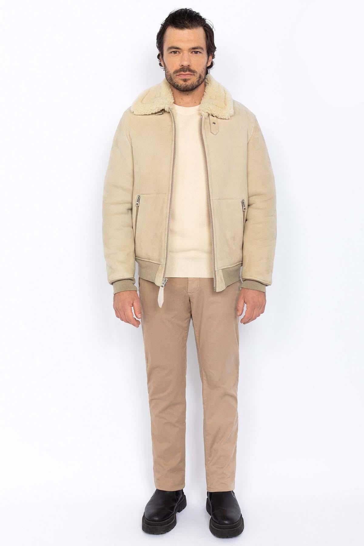 Men's beige leather bomber jacket - Image n°4