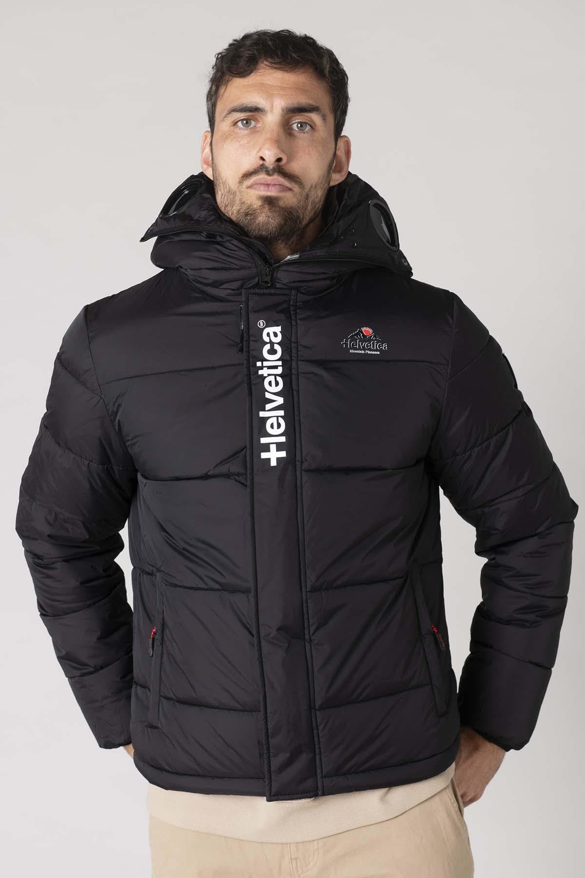 Black nylon down jacket with hooded mask - Image n°1