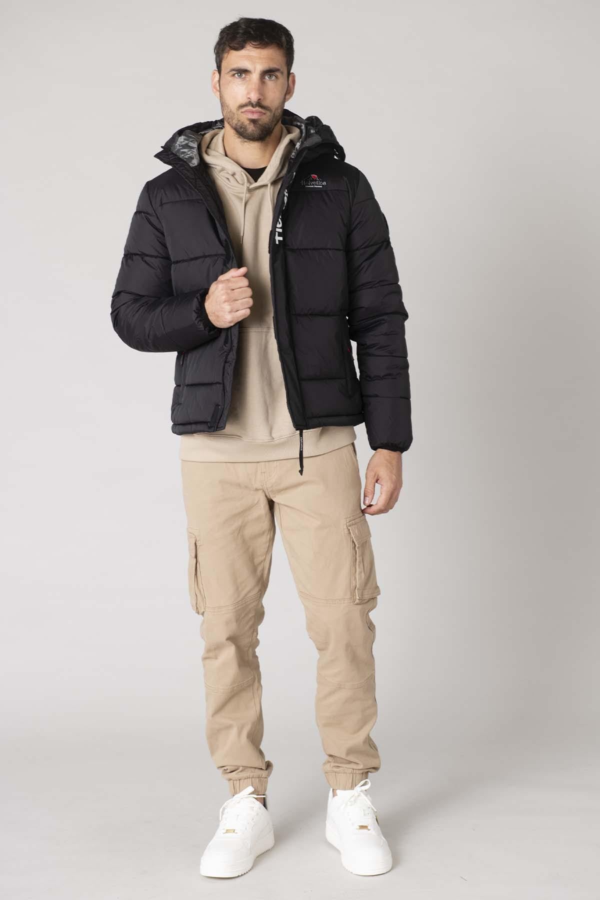 Black nylon down jacket with hooded mask - Image n°4