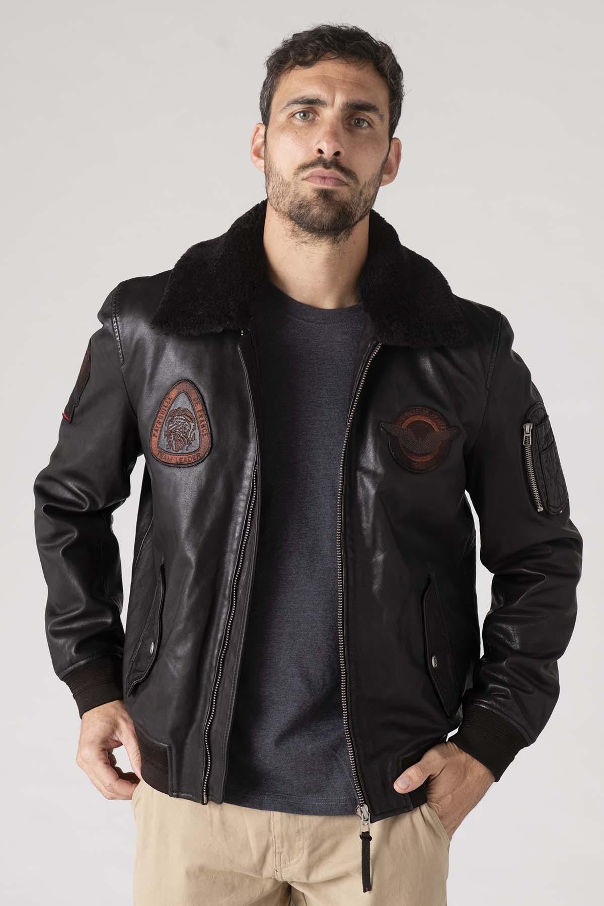 Dark brown sheepskin aviator jacket by Redskins, slim fit. - Image n°3