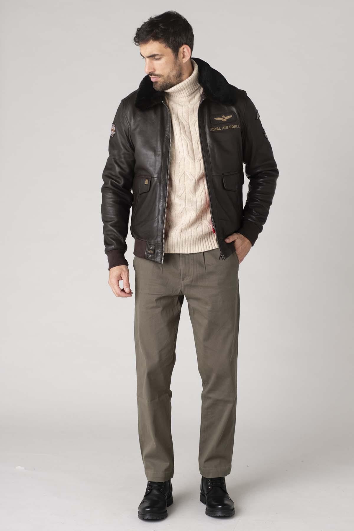 Dark brown sheepskin aviator jacket with RAF insignias and fur collar. - Image n°5