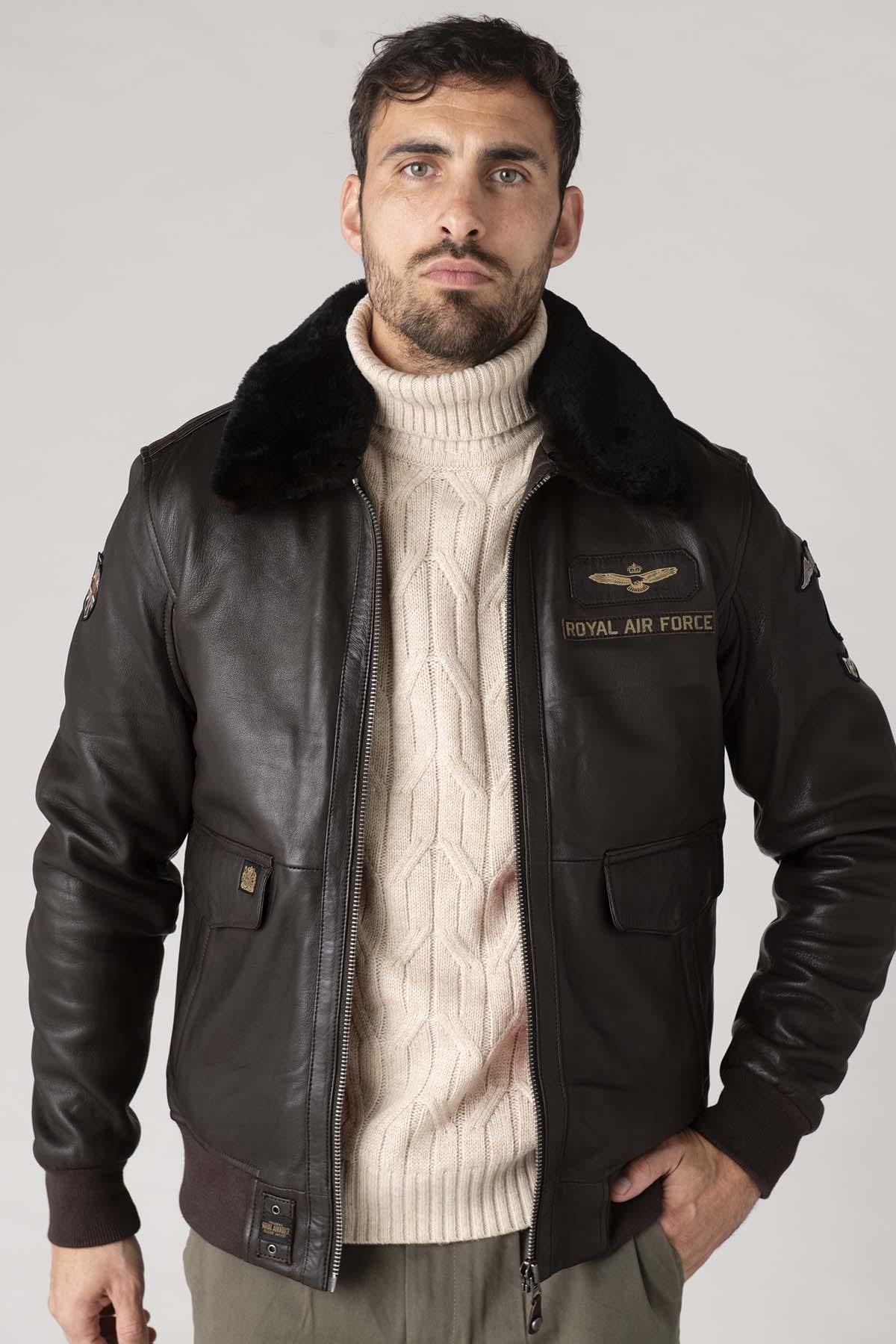 Dark brown sheepskin aviator jacket with RAF insignias and fur collar. - Image n°7