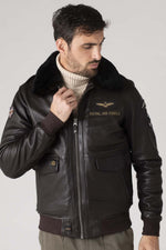 Dark brown sheepskin aviator jacket with RAF insignias and fur collar. - Image n°3