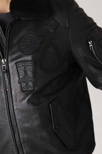 Men's black leather bomber jacket with black patches - Image n°10