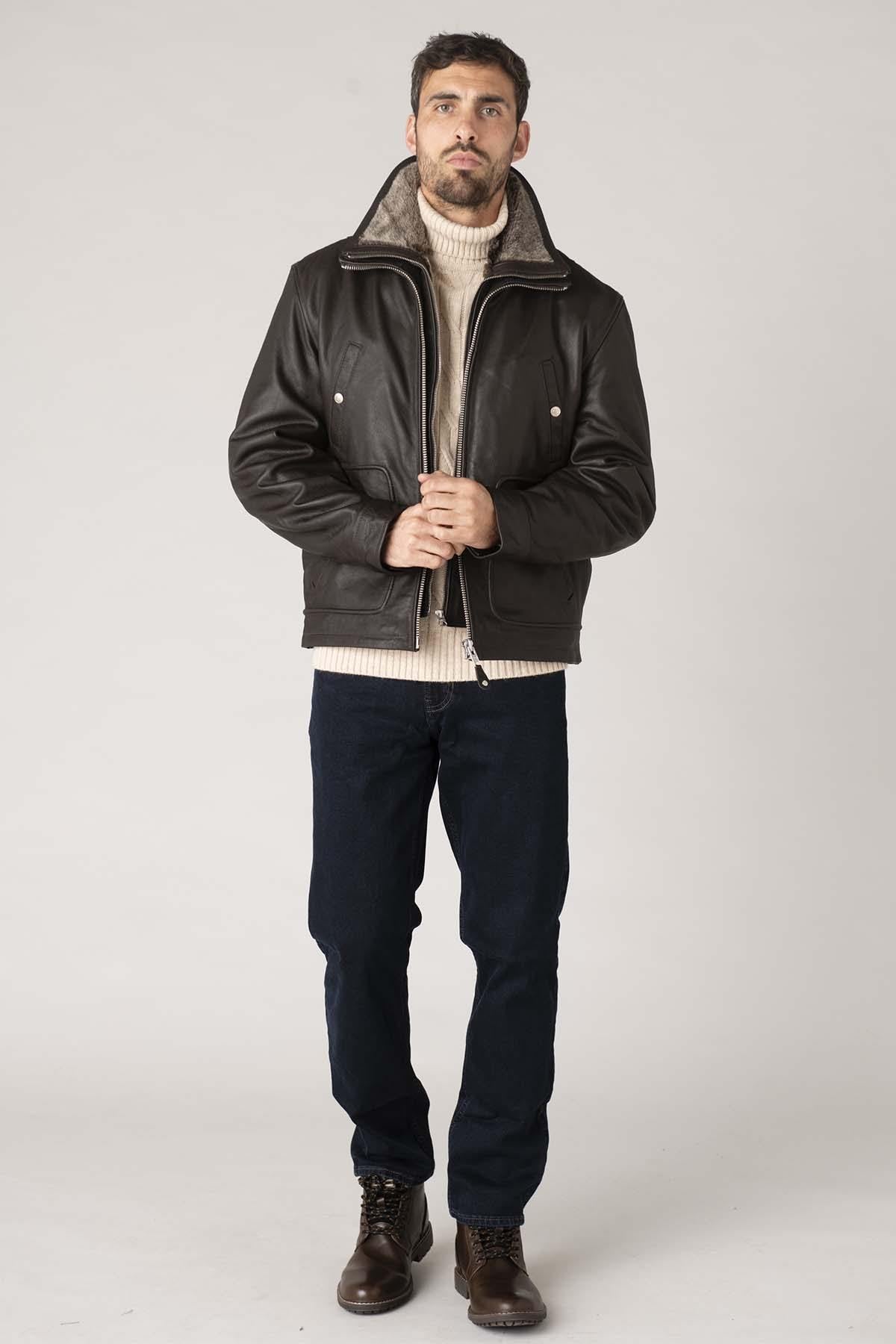 Schott's LC8100W23: brown cowhide, shirt collar, vegan-fur trim. - Image n°4