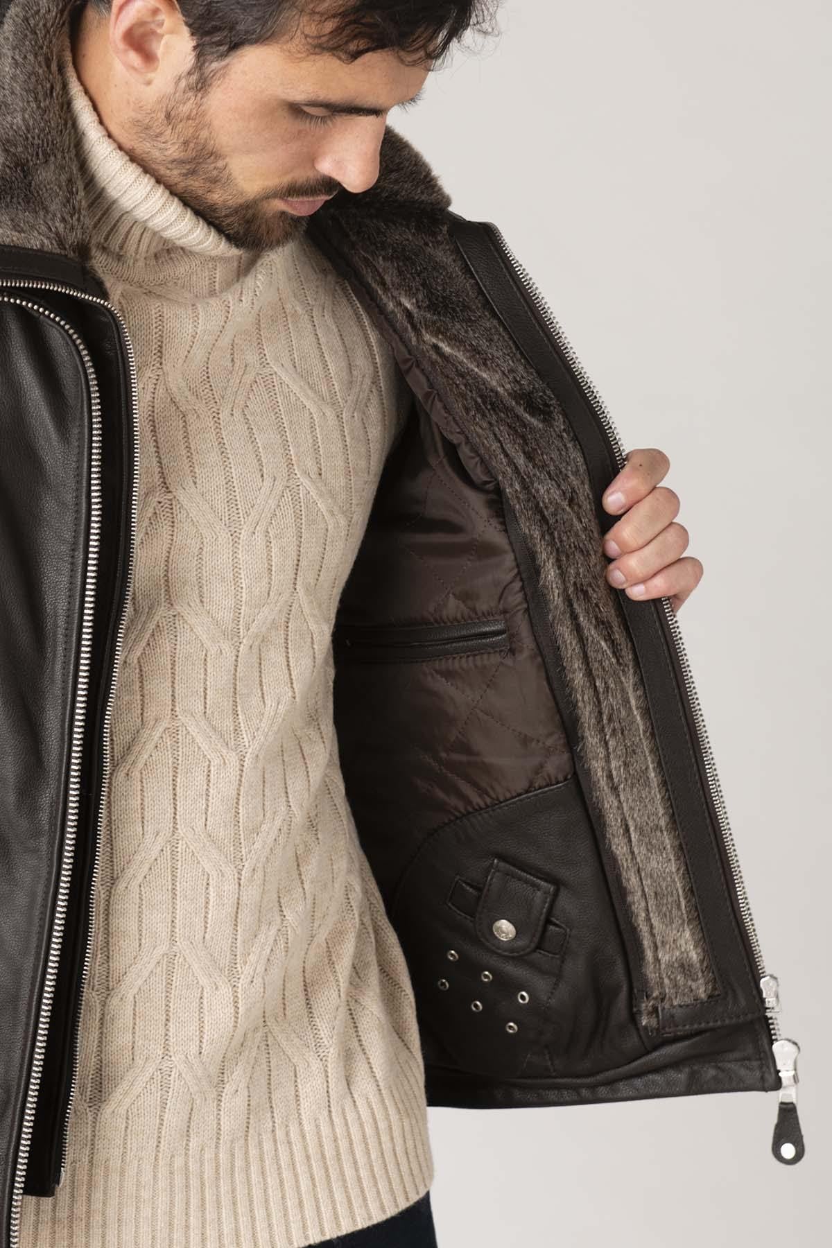 Schott's LC8100W23: brown cowhide, shirt collar, vegan-fur trim. - Image n°3