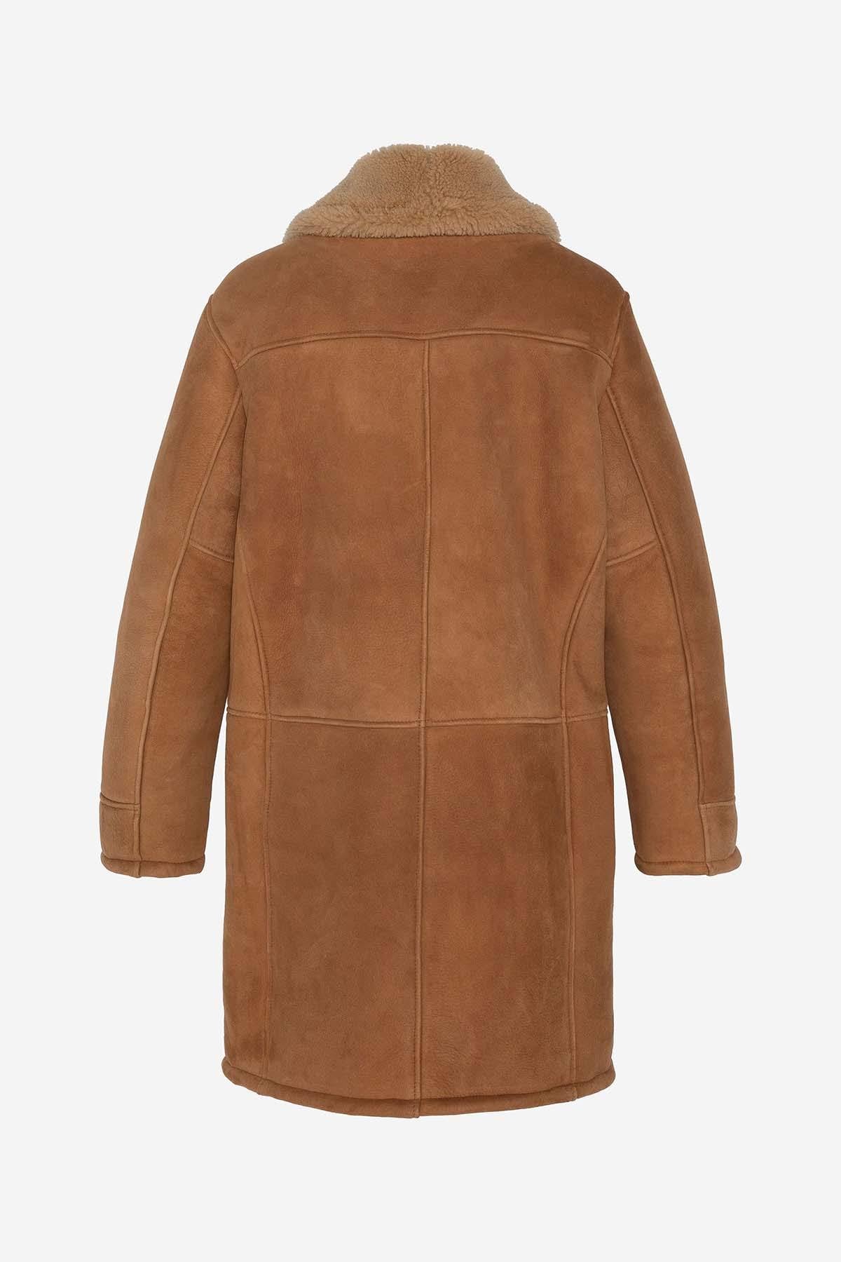 Long mustard-colored suede leather coat - Image n°7