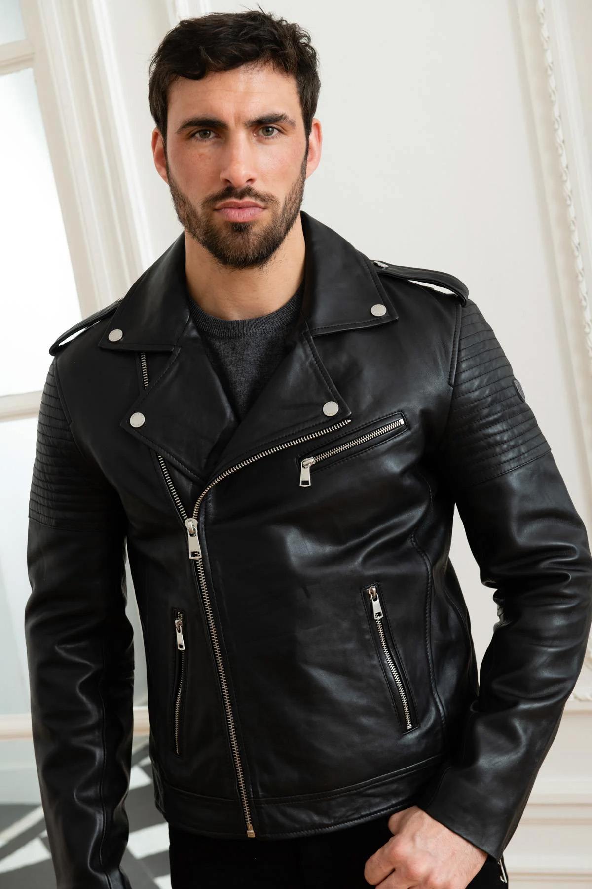 Black lambskin biker jacket by Redskins, slim-fit with a rock edge. - Image n°3