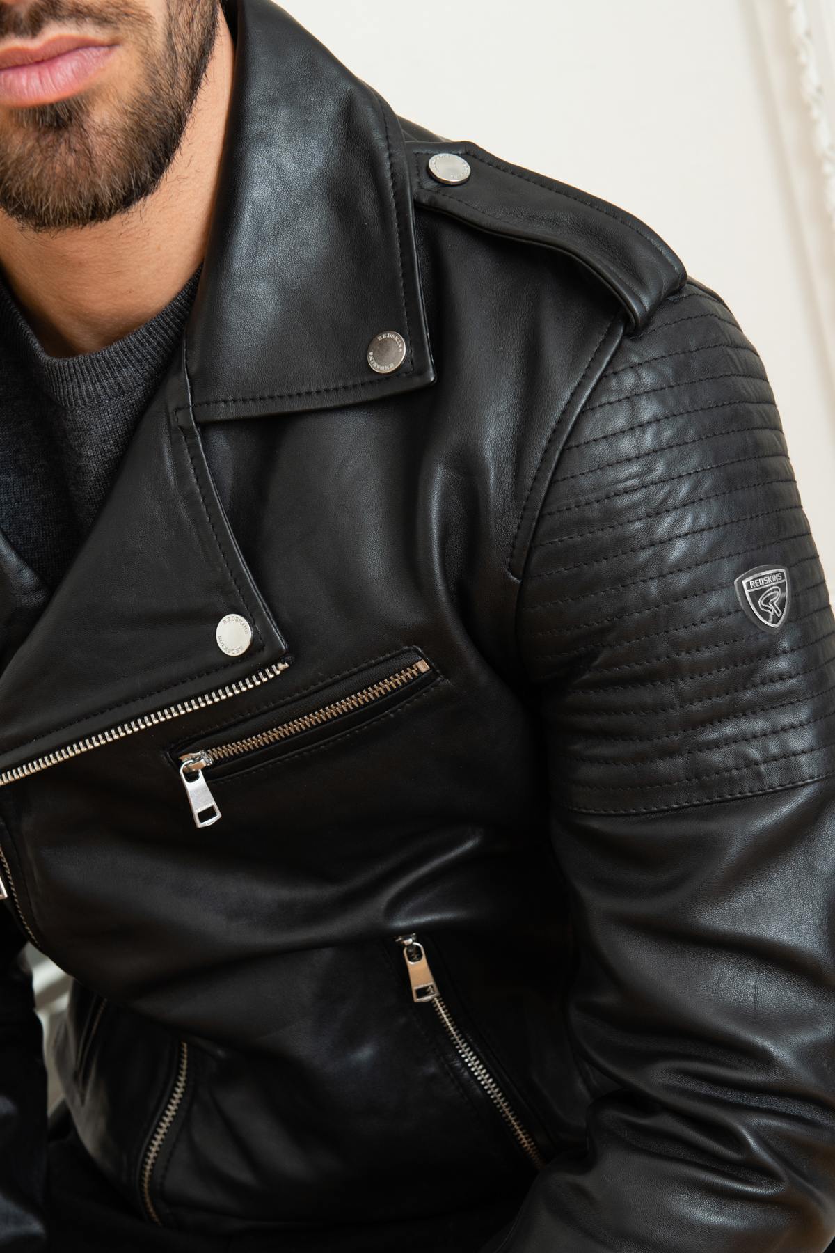 Black lambskin biker jacket by Redskins, slim-fit with a rock edge. - Image n°2