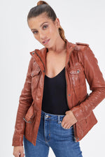 Cognac lambskin jacket, mid-length and slim-fit for all-season style. - Image n°1