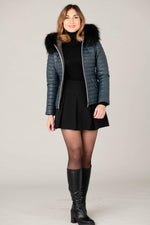 Petrol blue leather down jacket with fur hood - Image n°2