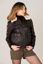 Women's leather bomber jacket with patches - Image n°4