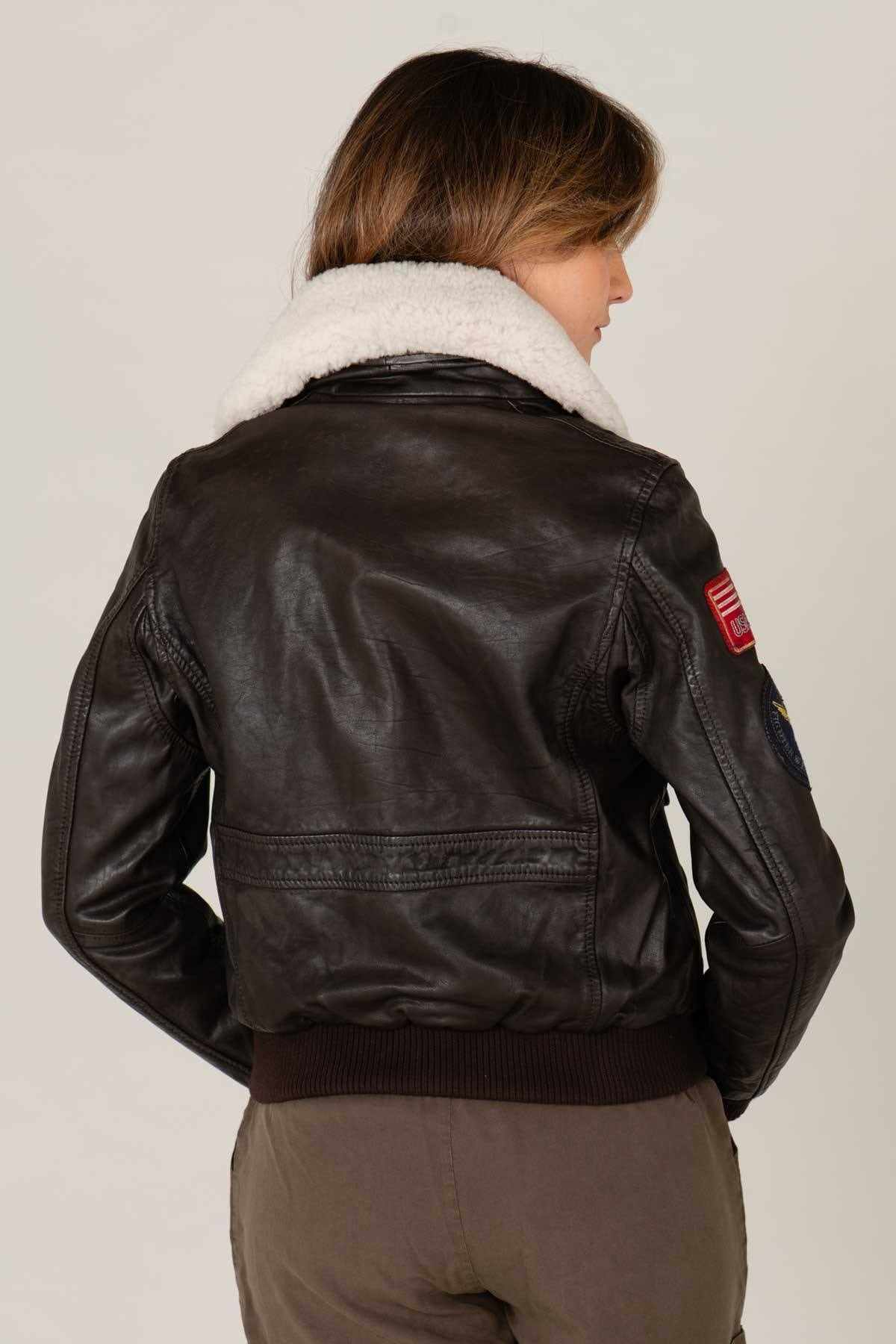 Women's leather bomber jacket with patches - Image n°5