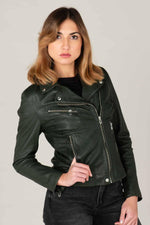 Women's khaki leather biker jacket - Image n°1