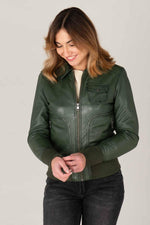 Women's dark green leather jacket with shirt collar - Image n°1