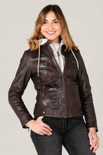 Reddish-brown sheepskin jacket with removable hood and zipped cuffs. - Image n°1