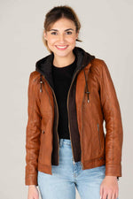 Refined cognac sheepskin jacket with detachable hood and motard collar. - Image n°1