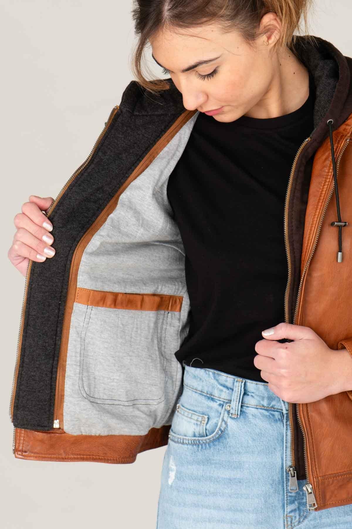 Refined cognac sheepskin jacket with detachable hood and motard collar. - Image n°5