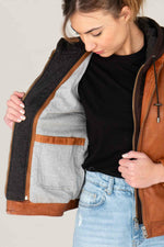 Refined cognac sheepskin jacket with detachable hood and motard collar. - Image n°5