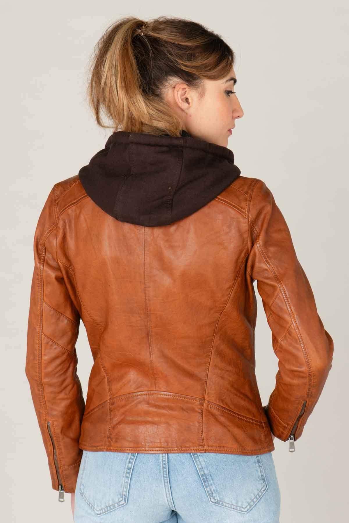 Refined cognac sheepskin jacket with detachable hood and motard collar. - Image n°2