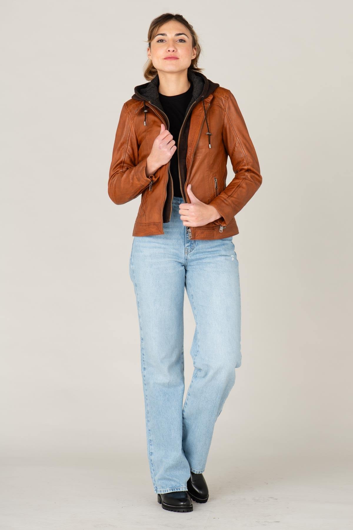 Refined cognac sheepskin jacket with detachable hood and motard collar. - Image n°6