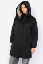 Black textile hooded parka for women - Image n°1