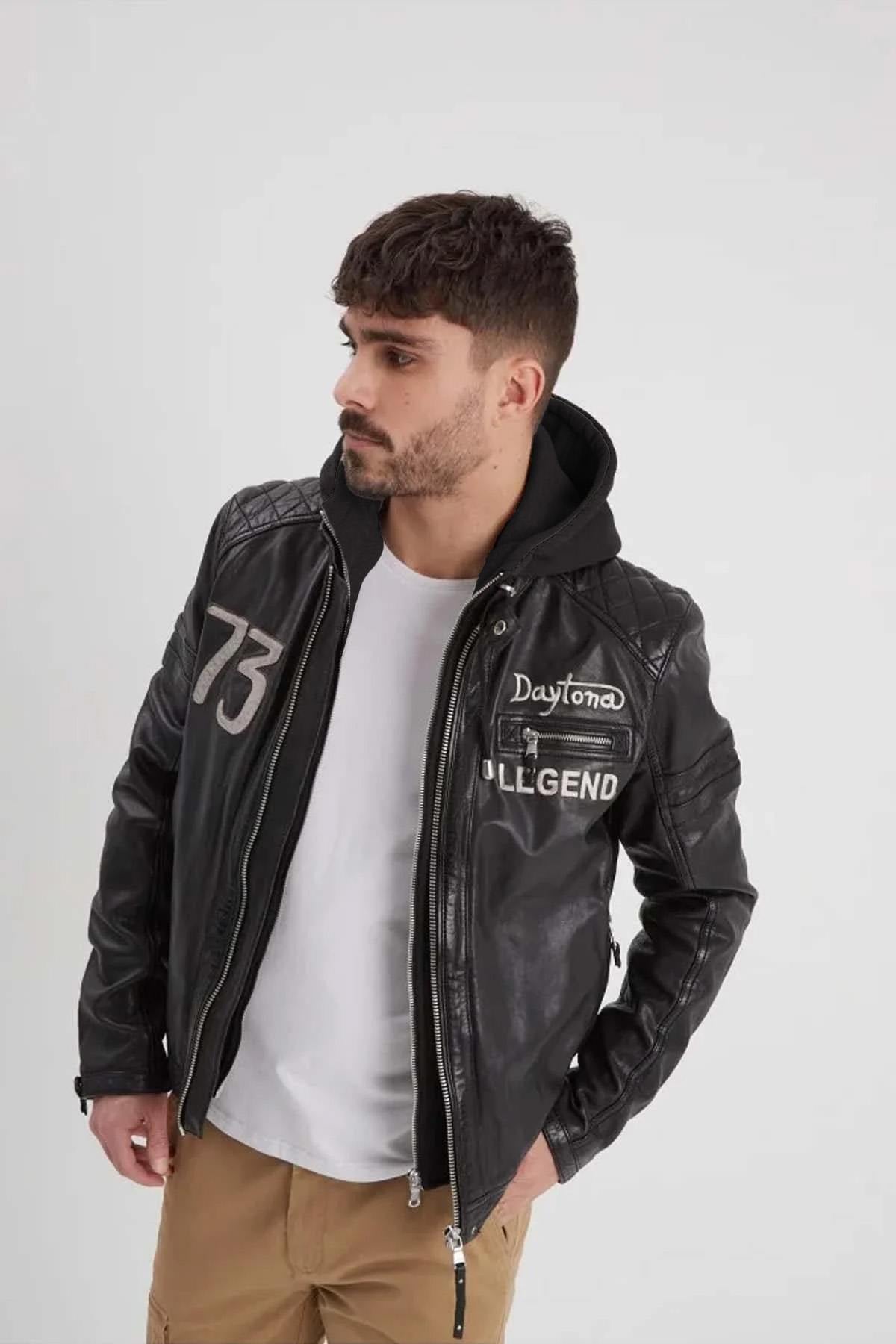 A black lambskin jacket with retro racing details - Image n°1